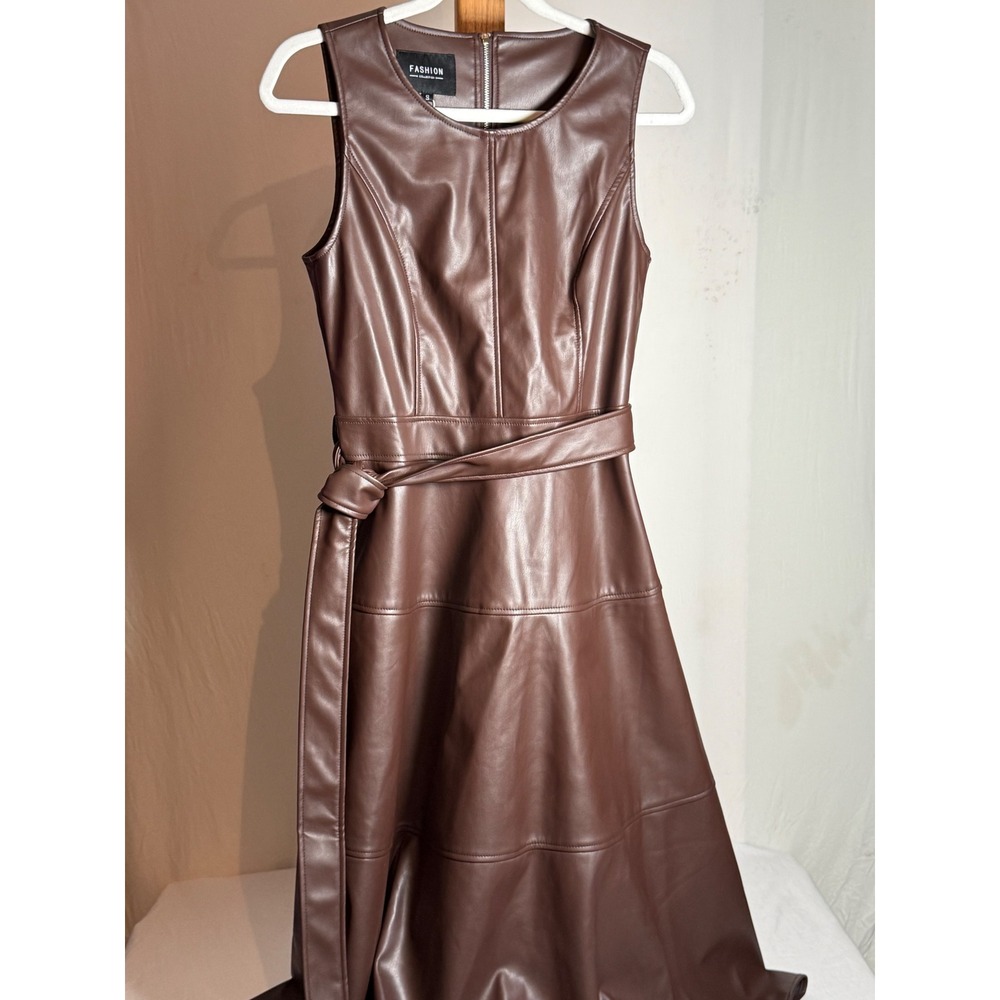 Fashion Collection Brown Faux Leather‎ Midi Dress Sleeveless Belted A-Line Small